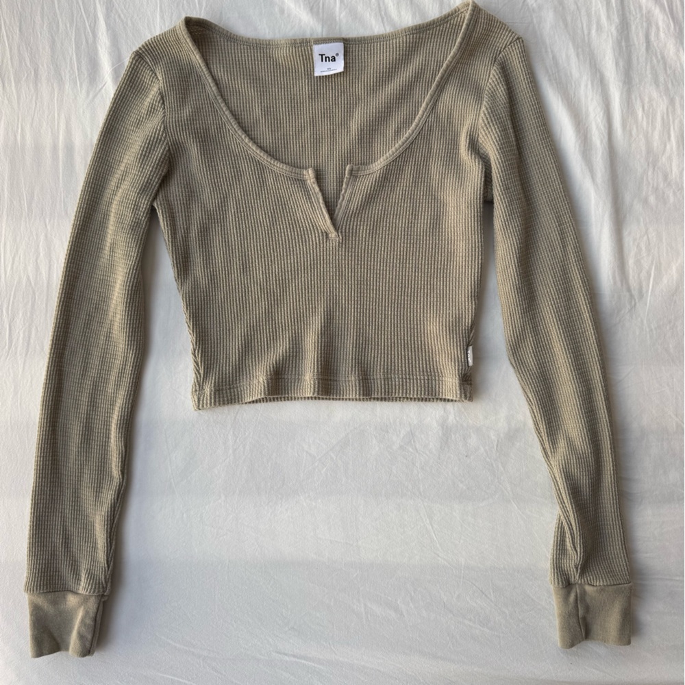 TNA Olive Waffle Knit V-Neck Cropped Top XS